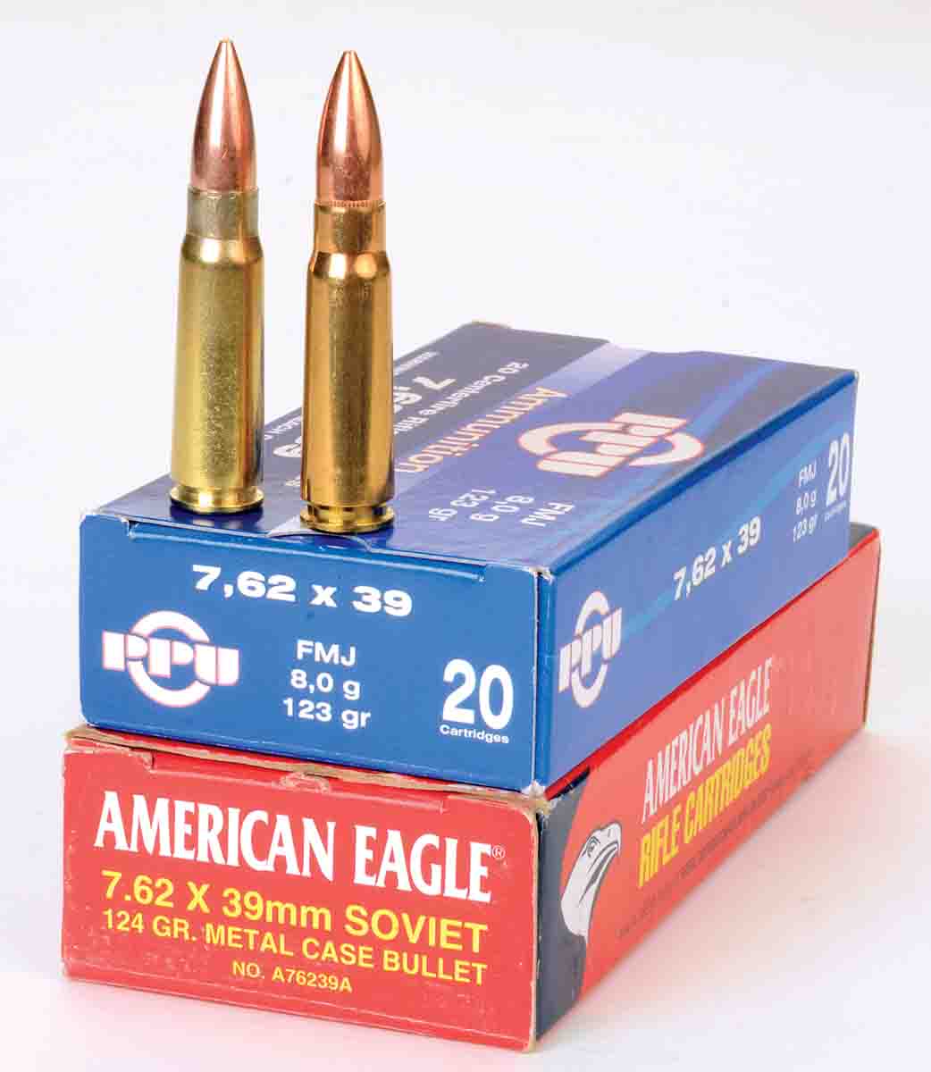 These two factory loads – one domestic and one foreign – were used to establish velocity standards for 7.62x39mm handloads.